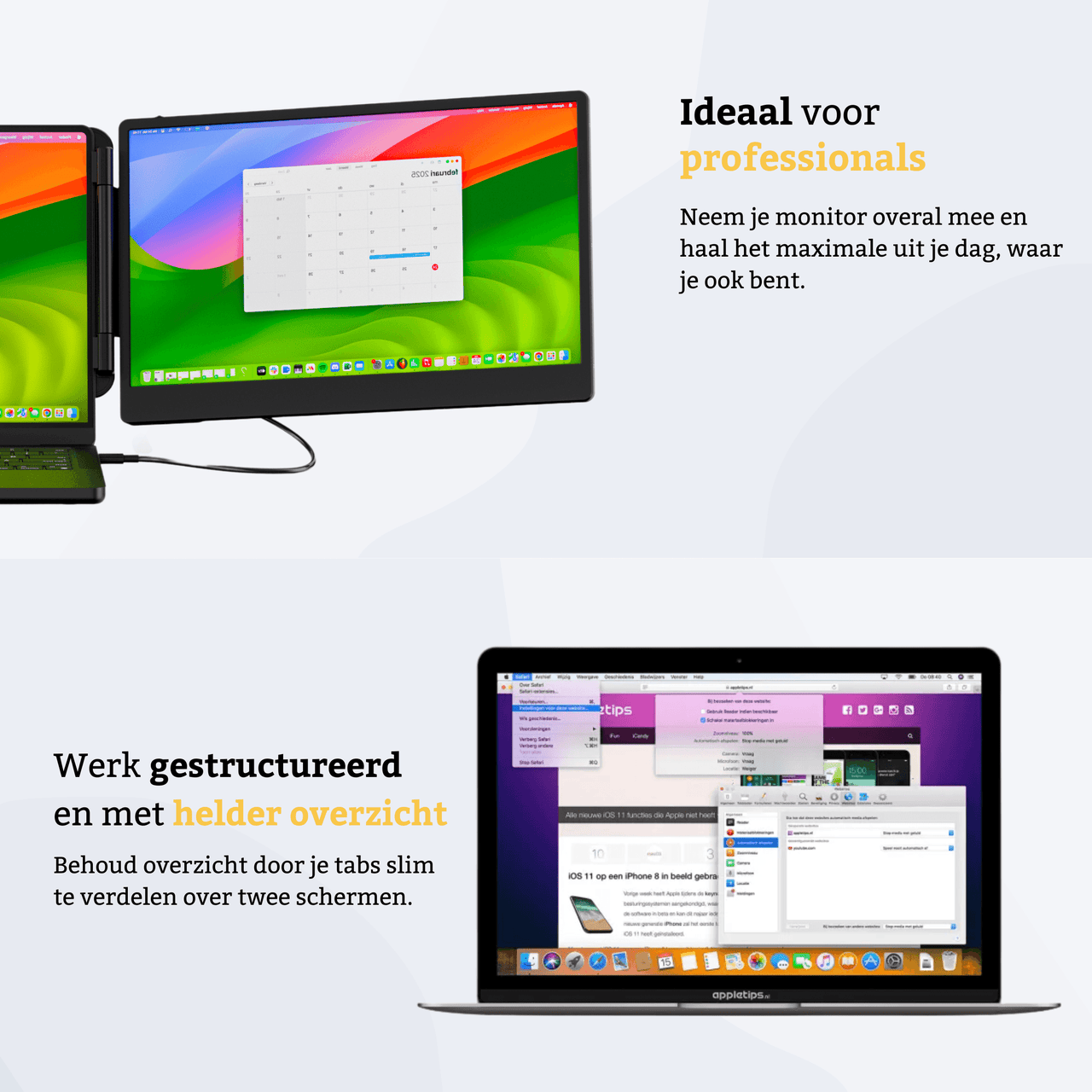 toont het verschil tussen een enkel laptop scherm, en het werken met een extra laptopscherm doormiddel van een portable monitor met extra teskt die dit duidelijk maakt