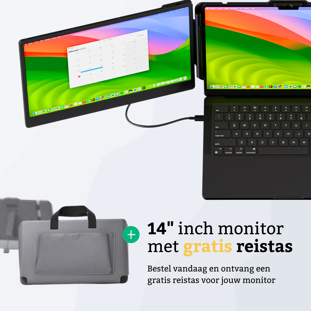 Een bovenaanzicht van de draagbare monitor met een tekst dat je een gratis reistas ontvangt bij aankoop van de 14 inch portable monitor