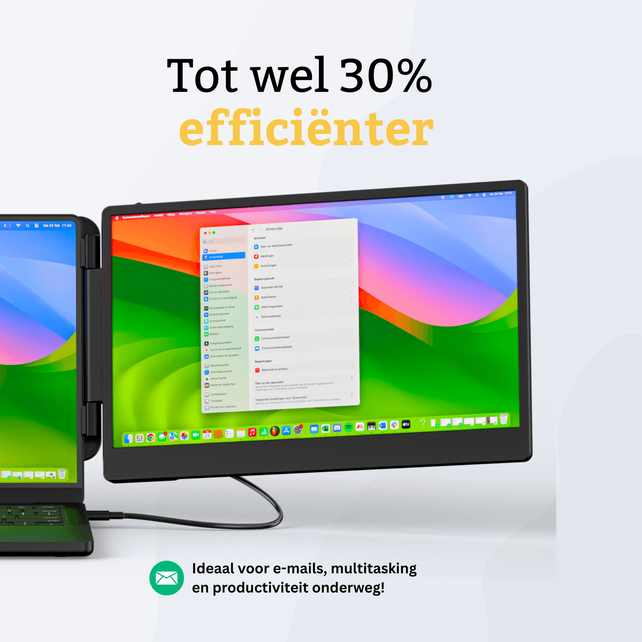 De alpha pro 14.1 inch dual portable monitor wordt gebruikt met een tekst die aantoont dat je 30% effectiever kunt werken ideaal voor emails, multitasken en productiviteit onderweg