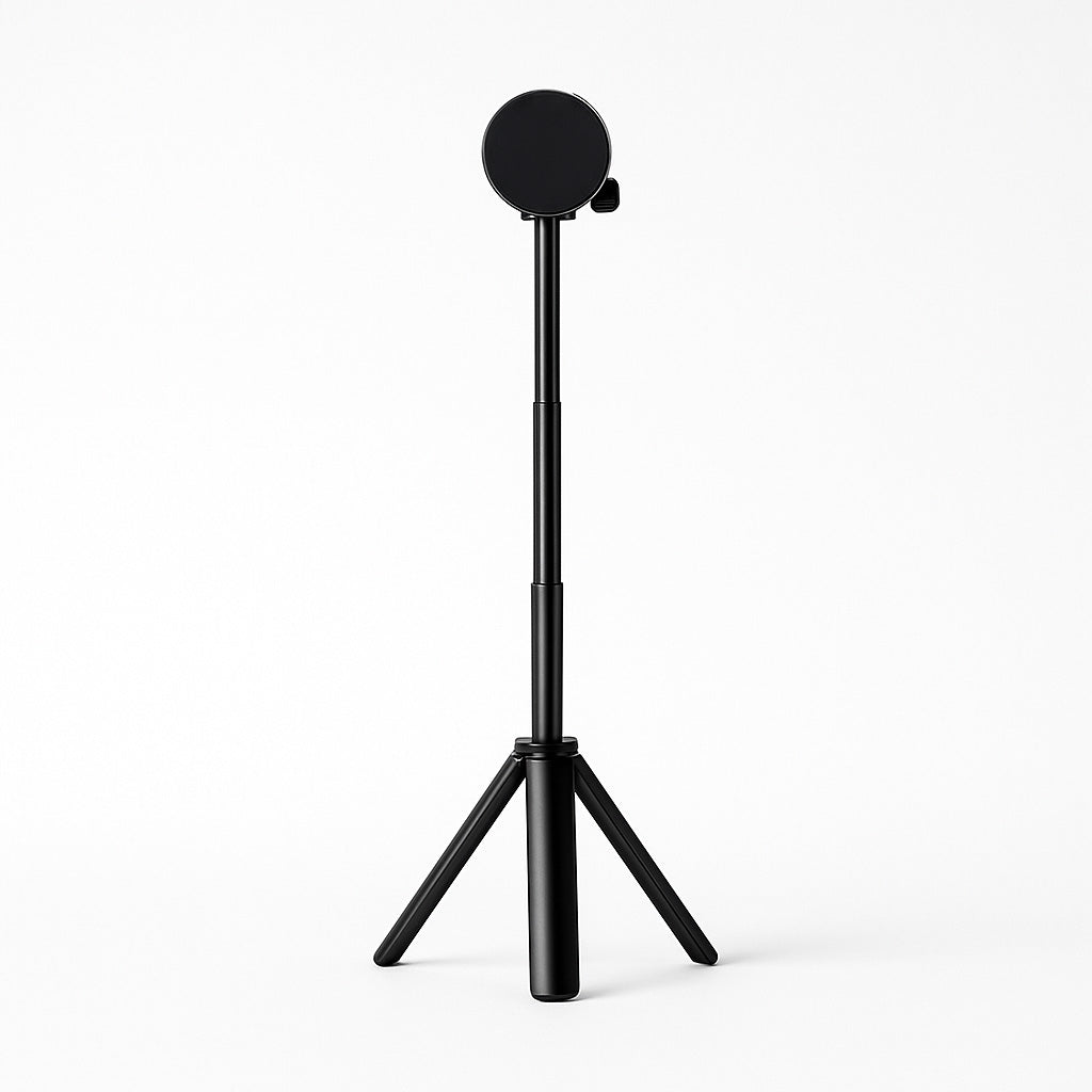 Front view of a flexible stand for portable monitor with a circular mounting head, adjustable height pole, and compact tripod base in matte black.