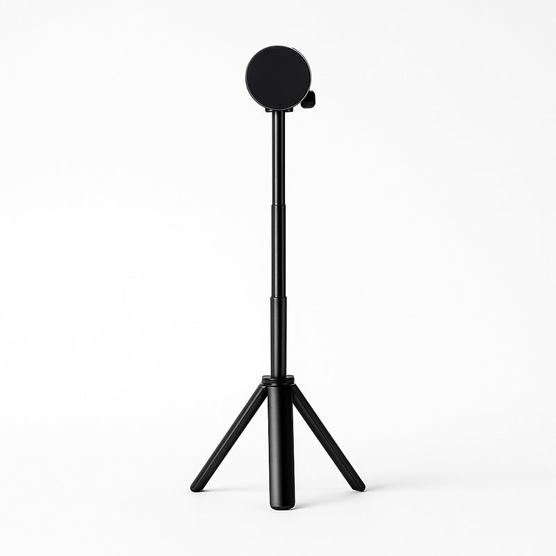 Front view of a flexible stand for portable monitor with a circular mounting head, adjustable height pole, and compact tripod base in matte black.