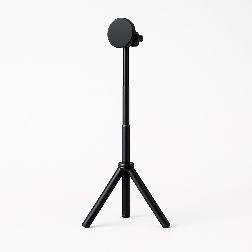 Angled front-side view of a flexible stand for portable monitor, showing the slim telescoping pole, round mount, and three tripod legs for stable desktop use.