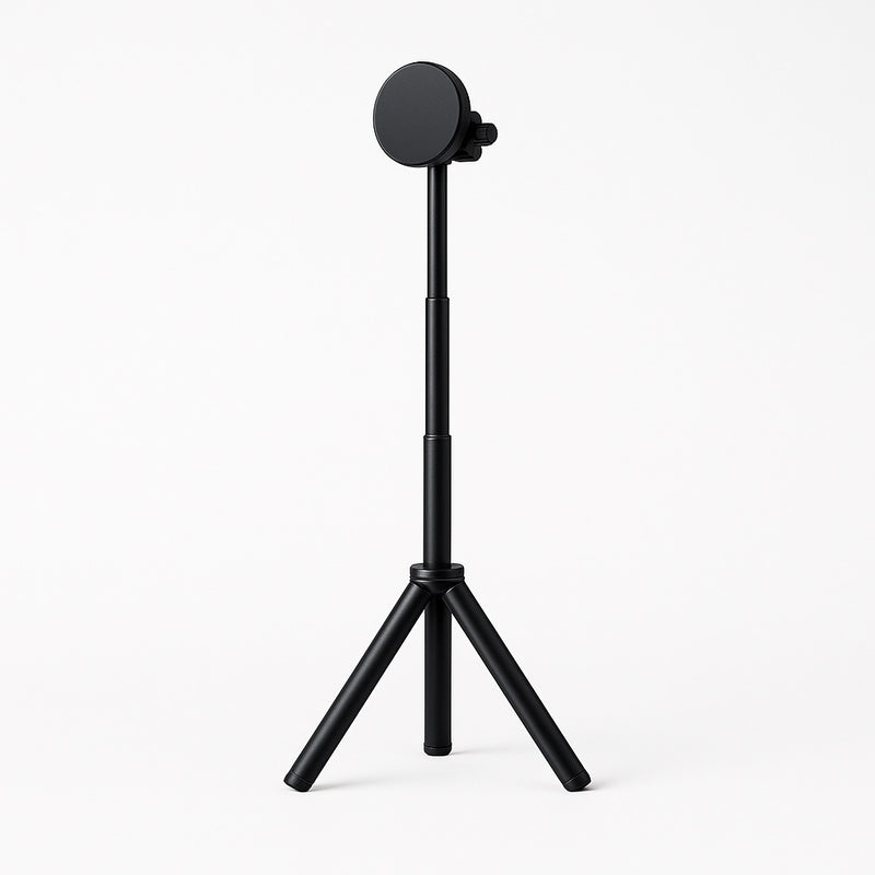 Angled front-side view of a flexible stand for portable monitor, showing the slim telescoping pole, round mount, and three tripod legs for stable desktop use.
