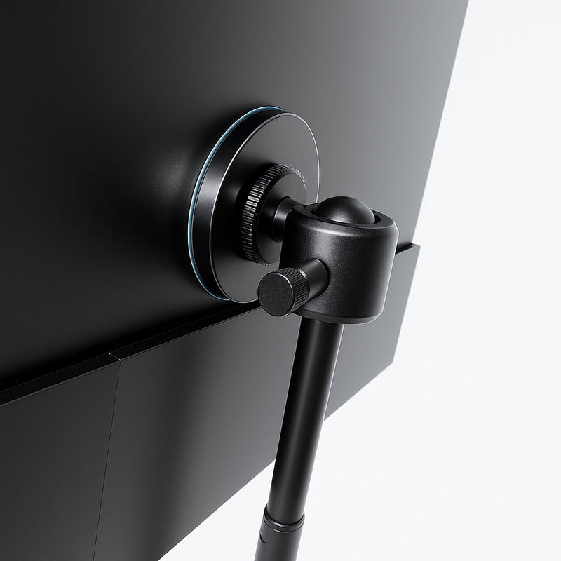 Close-up of the mounting system on a flexible stand for portable monitor, showing the circular back plate, ball joint, and side adjustment knob.