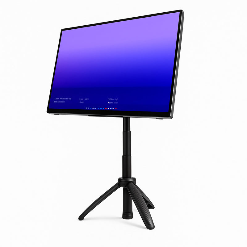 Portable screen displayed on a flexible stand for portable monitor with an adjustable tripod base, showing the monitor upright with a blue gradient display.