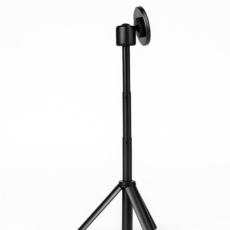 Side profile of a flexible stand for portable monitor with an extended pole, round mounting disc, and tripod legs designed for lightweight portable screen support.