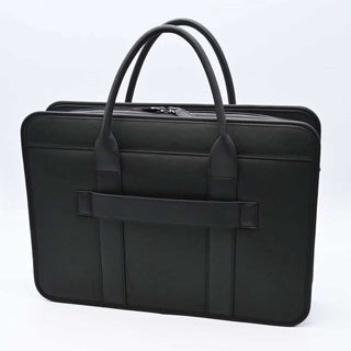 Black laptop bag shown from the back on a white background, with rounded top handles, a structured slim profile, and a horizontal back strap for travel or daily work use.