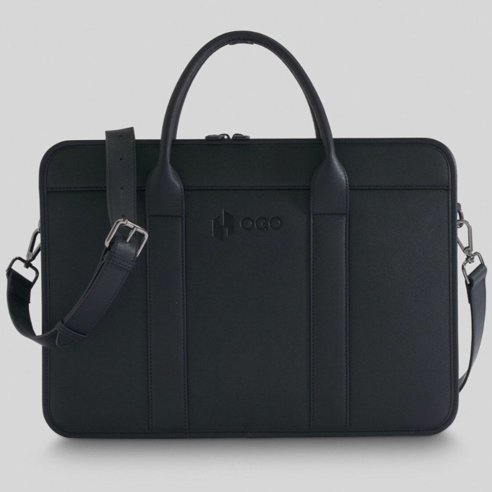 Front view of a black laptop bag with double handles, a detachable shoulder strap, clean stitched panels, and a sleek professional design for office or business travel.