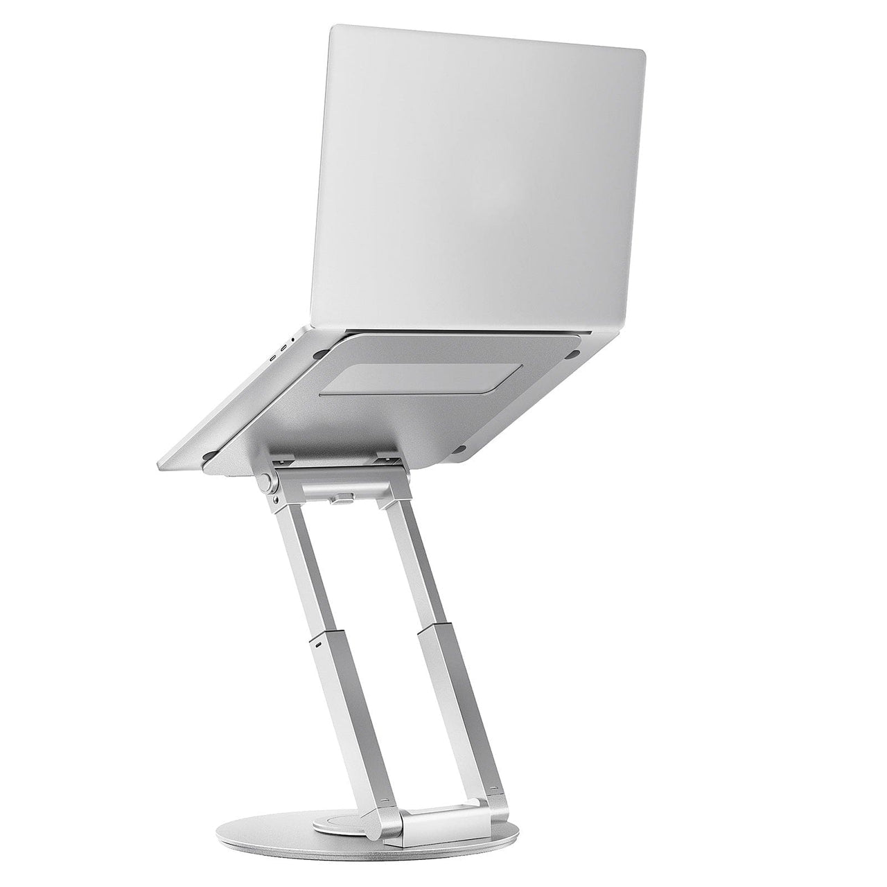 Back view of adjustable aluminum laptop stand with dual support arms and circular 360-degree rotating base