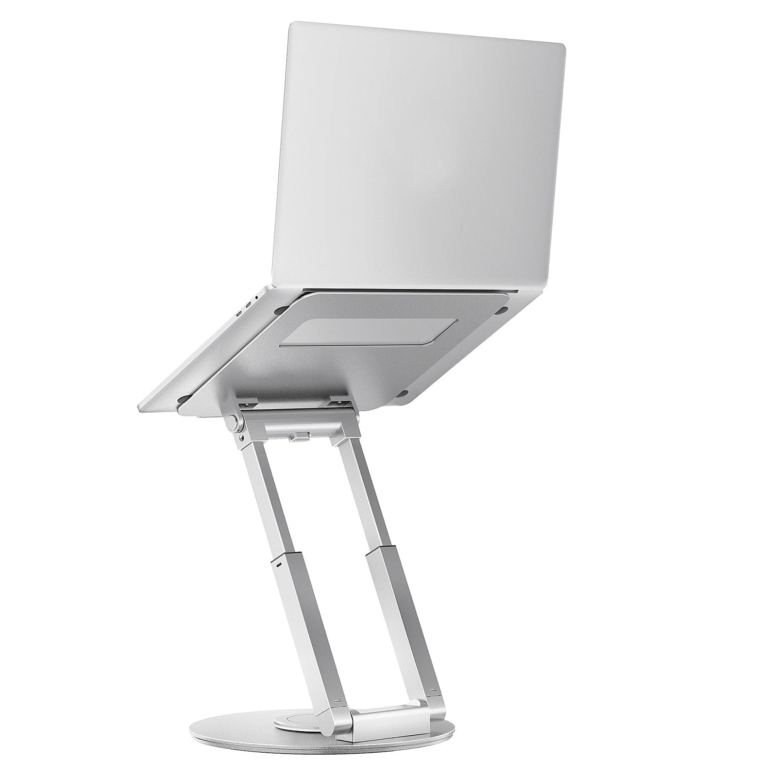 Back view of adjustable aluminum laptop stand with dual support arms and circular 360-degree rotating base