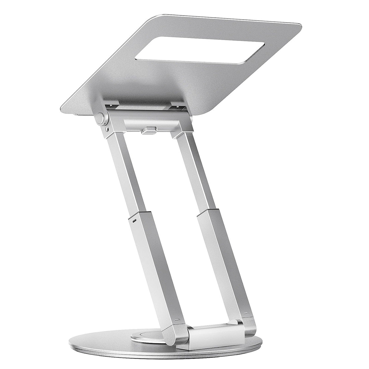 Laptop stand shown fully extended to maximum height, demonstrating adjustable lift mechanism and ergonomic viewing angle