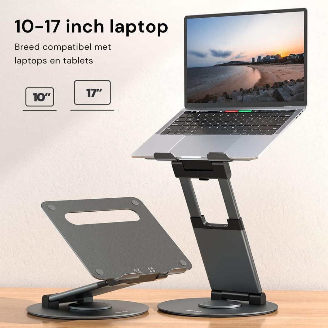 Adjustable laptop stand compatible with 10 to 17 inch laptops and tablets, shown in raised and folded positions