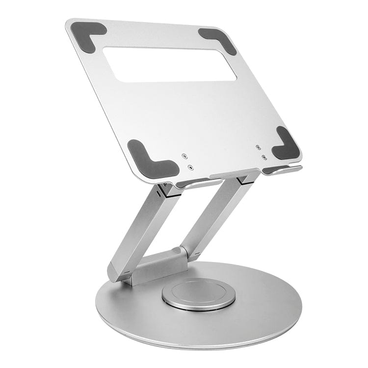 Front view of silver aluminum laptop stand with non-slip silicone pads and open ventilation design