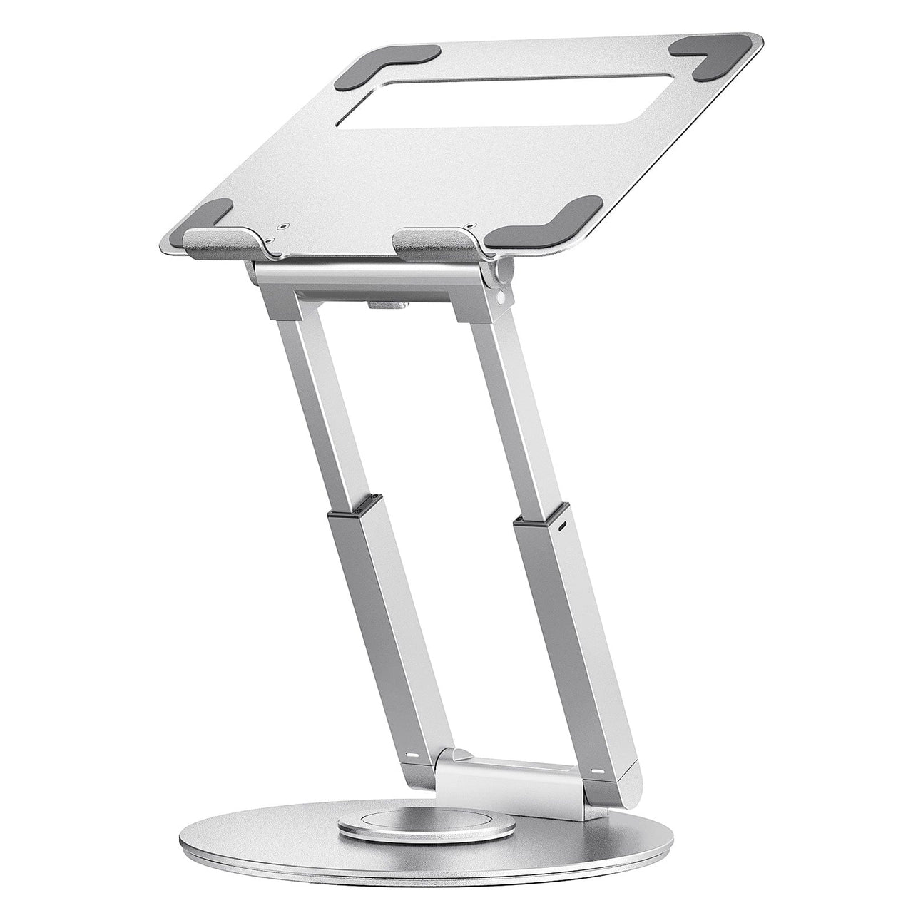 360-degree rotating laptop stand with height-adjustable arms and sturdy circular base for stable desktop support