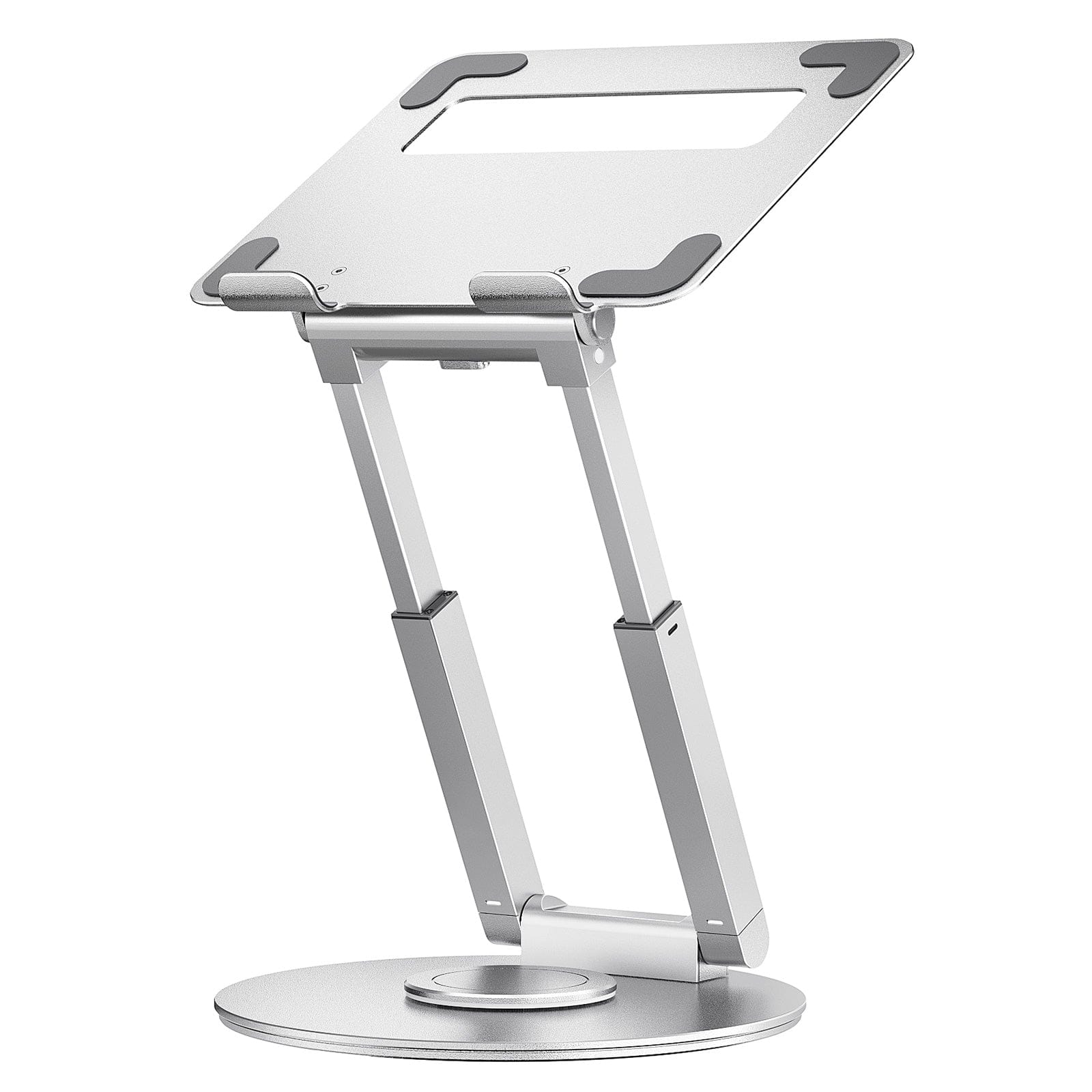 360-degree rotating laptop stand with height-adjustable arms and sturdy circular base for stable desktop support