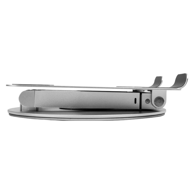 Side profile of foldable laptop stand showing adjustable hinge joints and rotating base mechanism