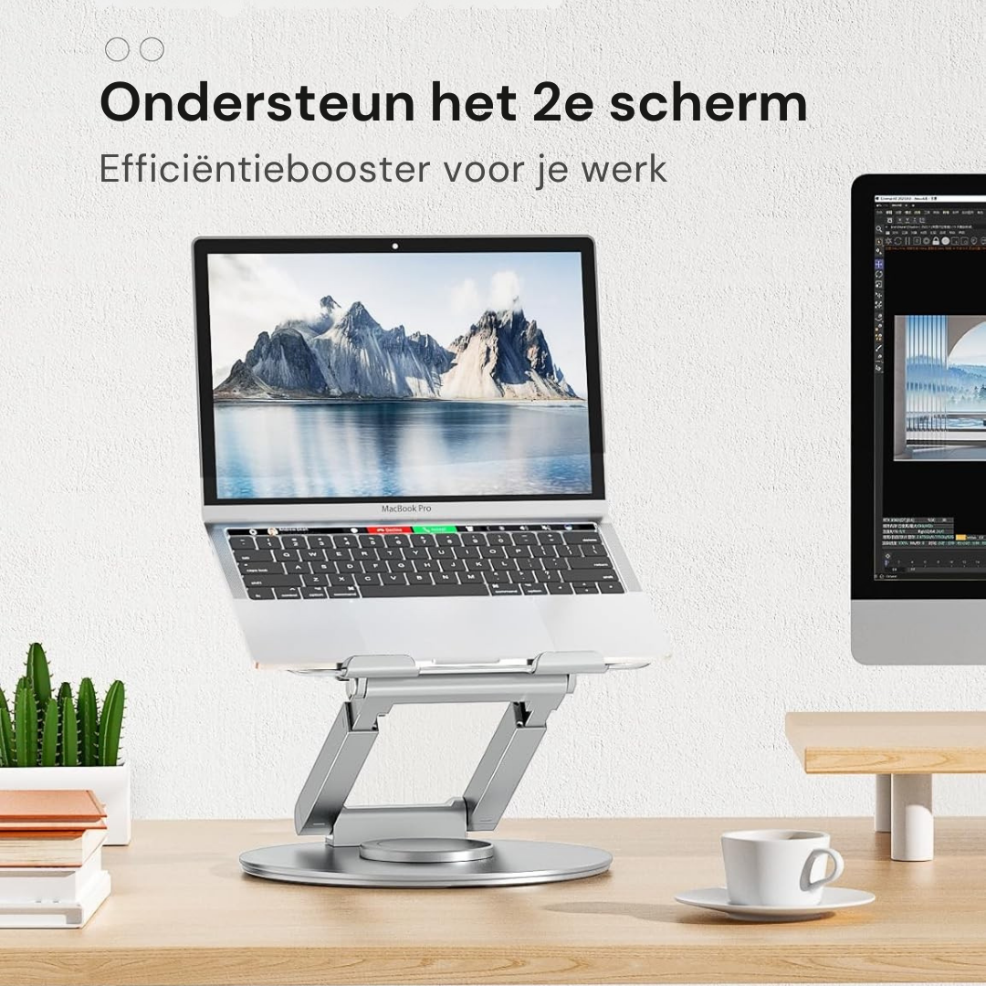 Laptop stand supporting a MacBook next to a second monitor, creating a dual-screen workstation for increased productivity