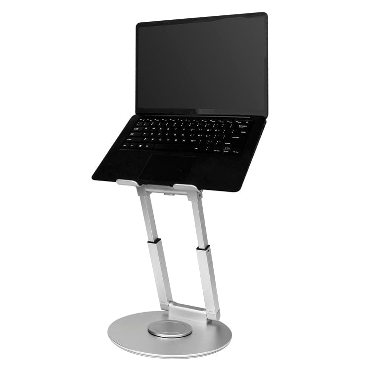 Laptop elevated on adjustable laptop stand with 360-degree swivel base, improving workspace ergonomics