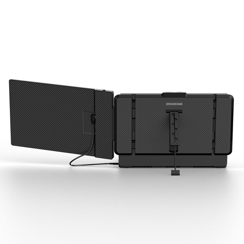 Back view of a 14.1-inch dual screen portable monitor with carbon-fiber textured panels and adjustable kickstand mounted to a laptop