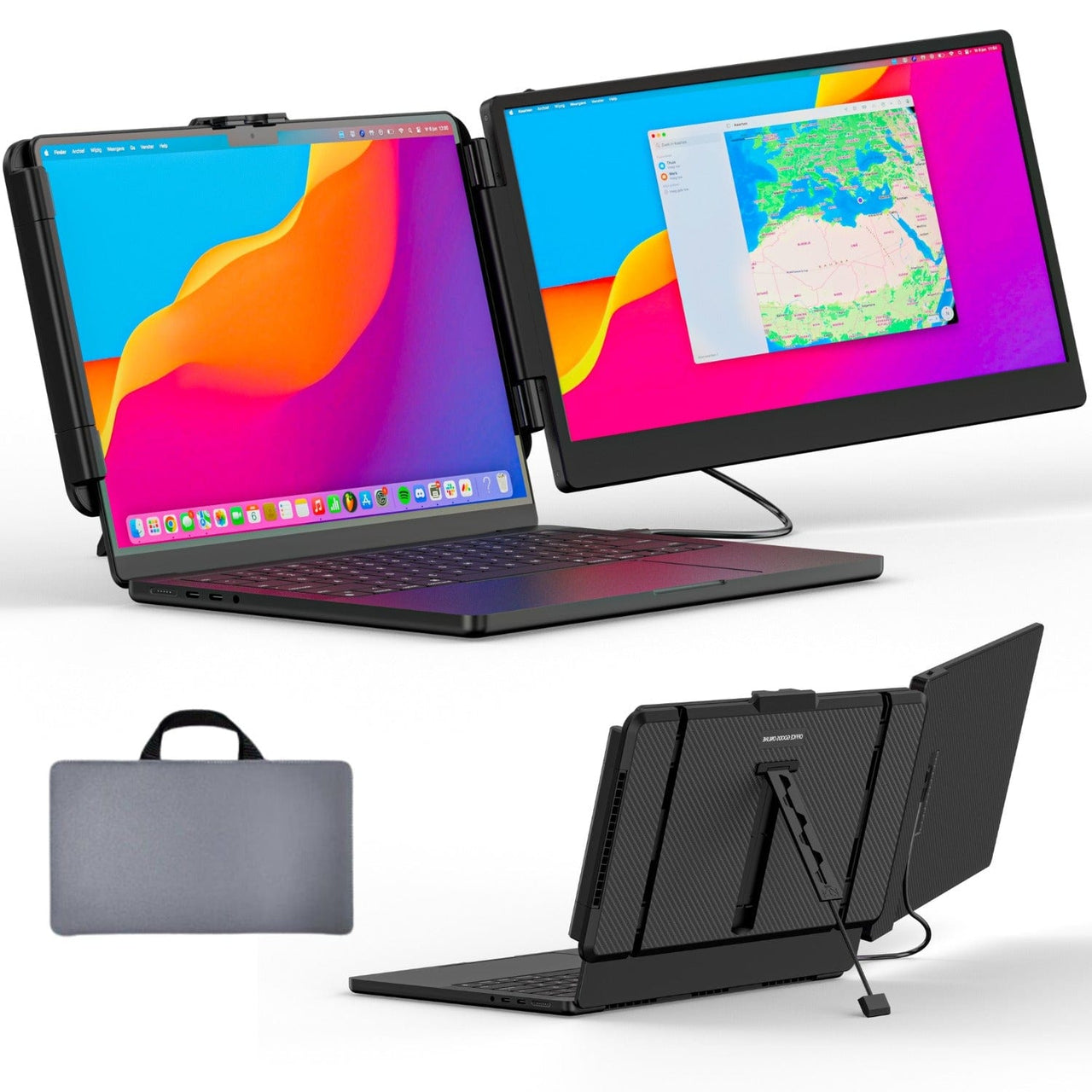 Front and rear view of a 14.1-inch dual screen portable monitor attached to a laptop, displaying extended screens and rear support stand