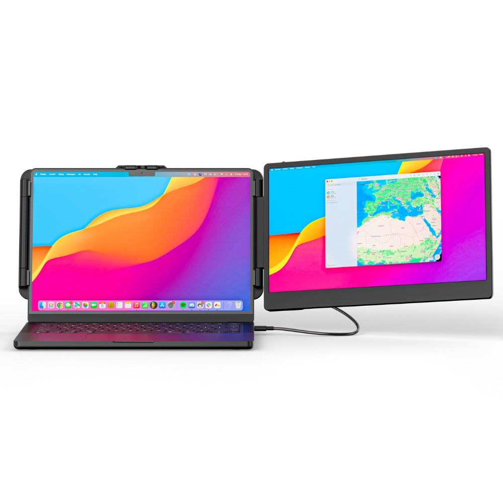 Front view of a 14.1-inch portable monitor dual screen setup connected to a laptop, expanding the workspace with two Full HD displays