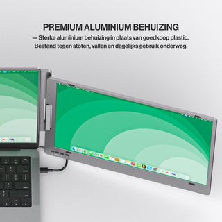 Portable monitor attached to a laptop with a durable aluminum side screen extended outward, showing the slim premium metal construction.