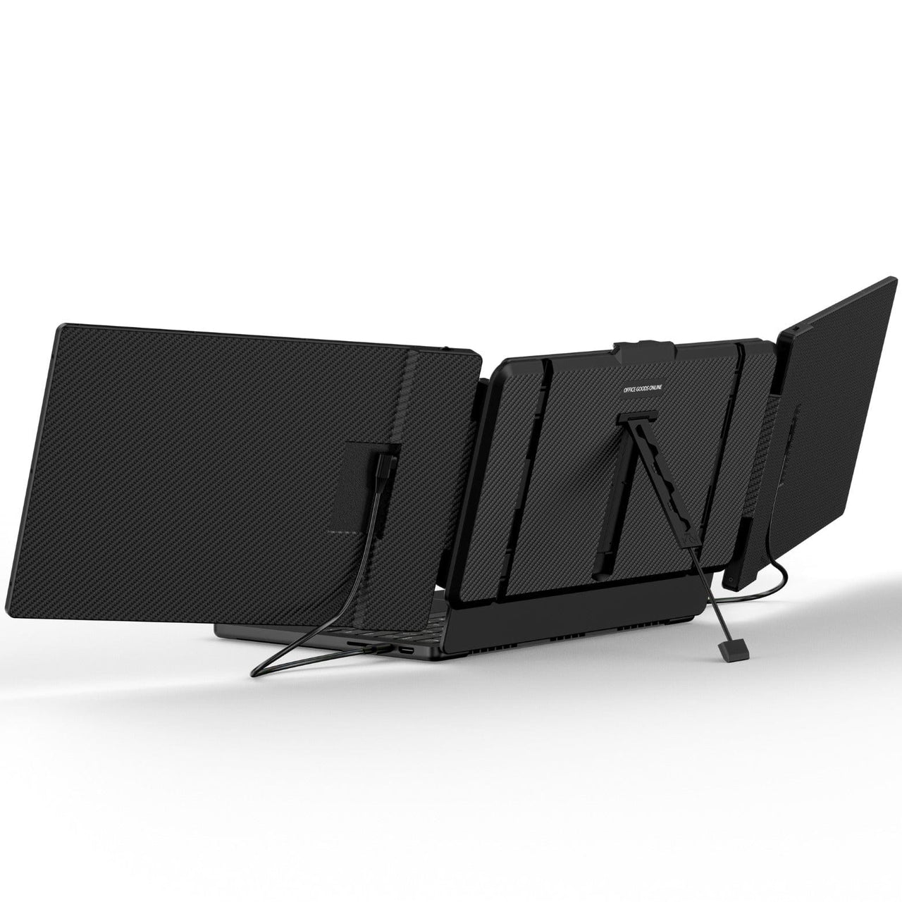 Back view of a 14.1-inch triple screen portable monitor with carbon-fiber textured panels and adjustable kickstand mounted to a laptop
