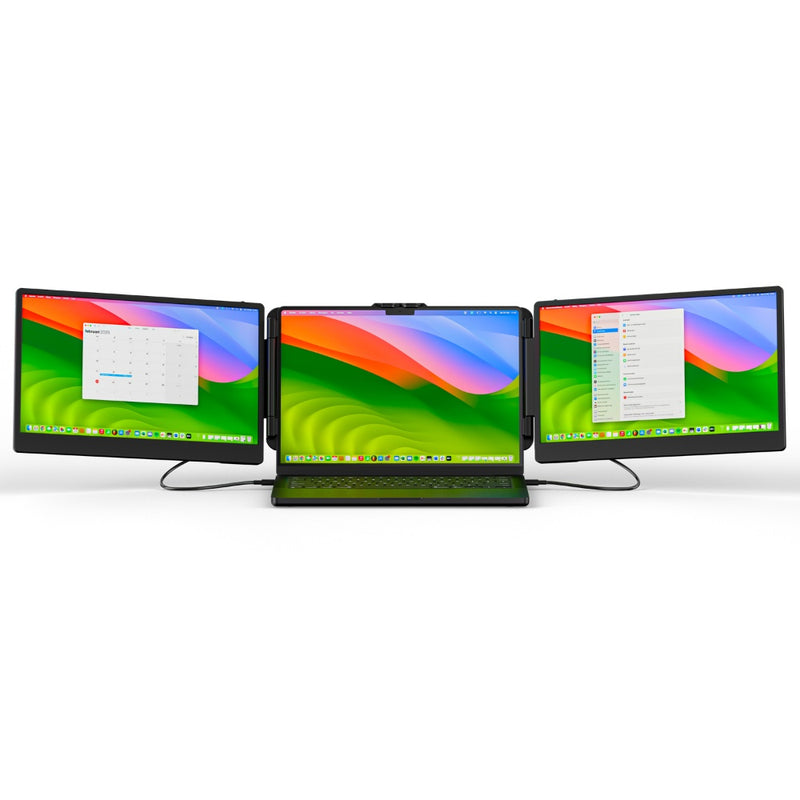 Front view of a 14.1-inch portable monitor triple screen setup connected to a laptop, displaying three expanded Full HD screens for multitasking