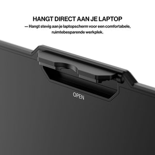 Portable monitor attachment mechanism securing the screen directly to a laptop display for a stable, space-saving multi-screen workspace.