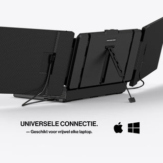 Rear view of a portable monitor attached to a laptop with built-in support, highlighting compatibility with Windows and macOS laptops.