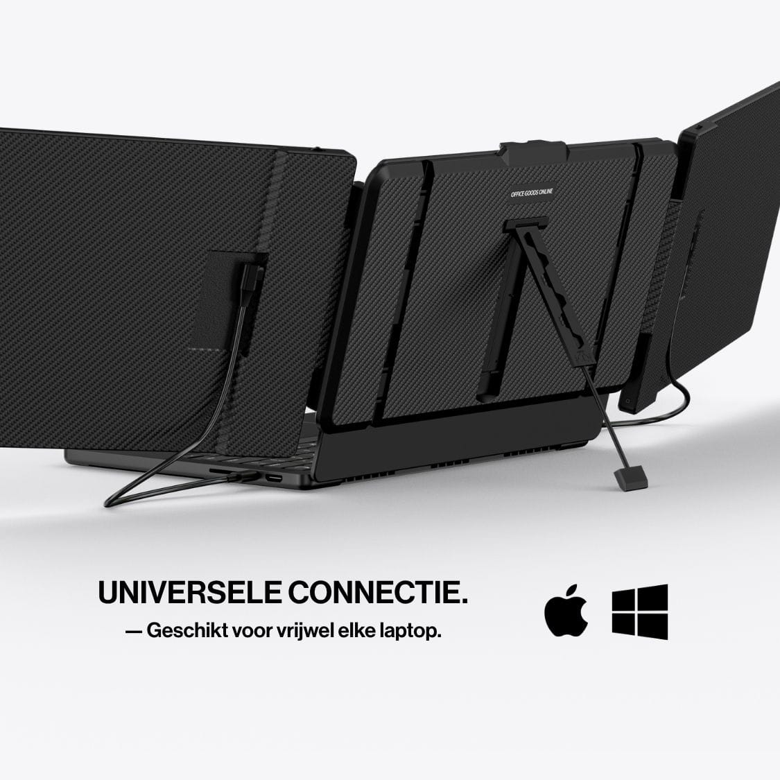 Rear view of a portable monitor attached to a laptop with built-in support, highlighting compatibility with Windows and macOS laptops.