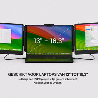 Portable monitor attached beside a laptop, illustrating compatibility with laptop screens from 13 to 16.3 inches.