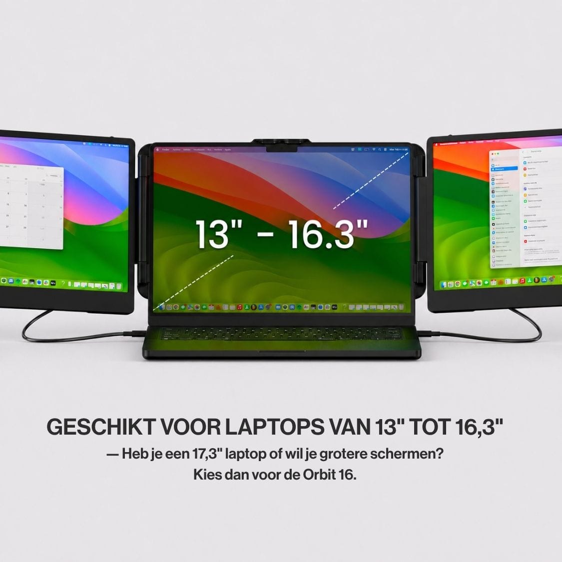 Portable monitor attached beside a laptop, illustrating compatibility with laptop screens from 13 to 16.3 inches.