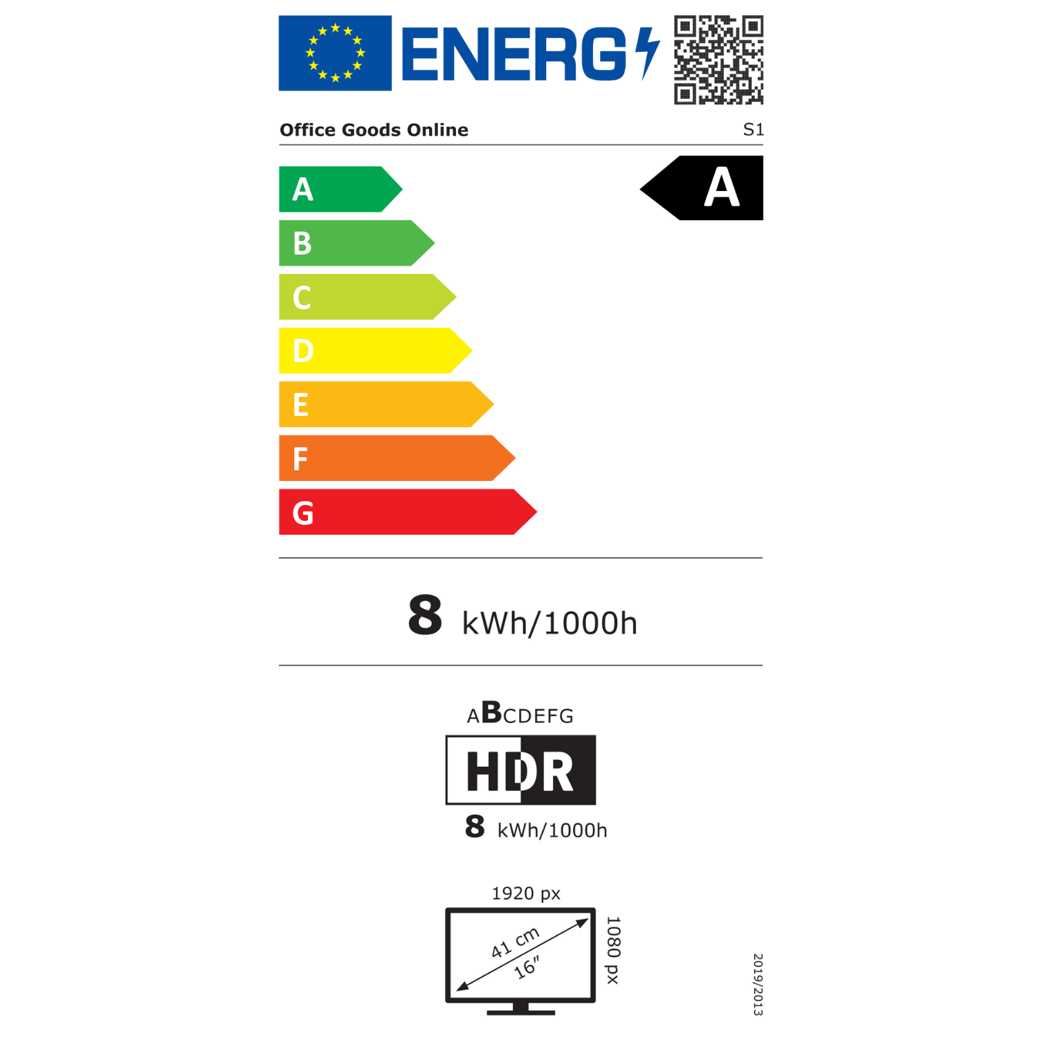 EU energy label for a 14-inch portable monitor showing energy class A, 8 kWh per 1000 hours and Full HD 1920 by 1080 resolution.