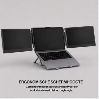 Laptop raised on a stand with two portable monitor screens attached on either side for a comfortable three-screen workspace at eye level.