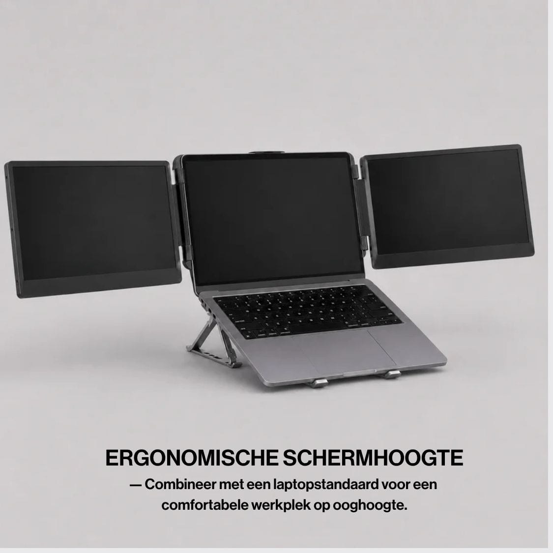 Laptop raised on a stand with two portable monitor screens attached on either side for a comfortable three-screen workspace at eye level.