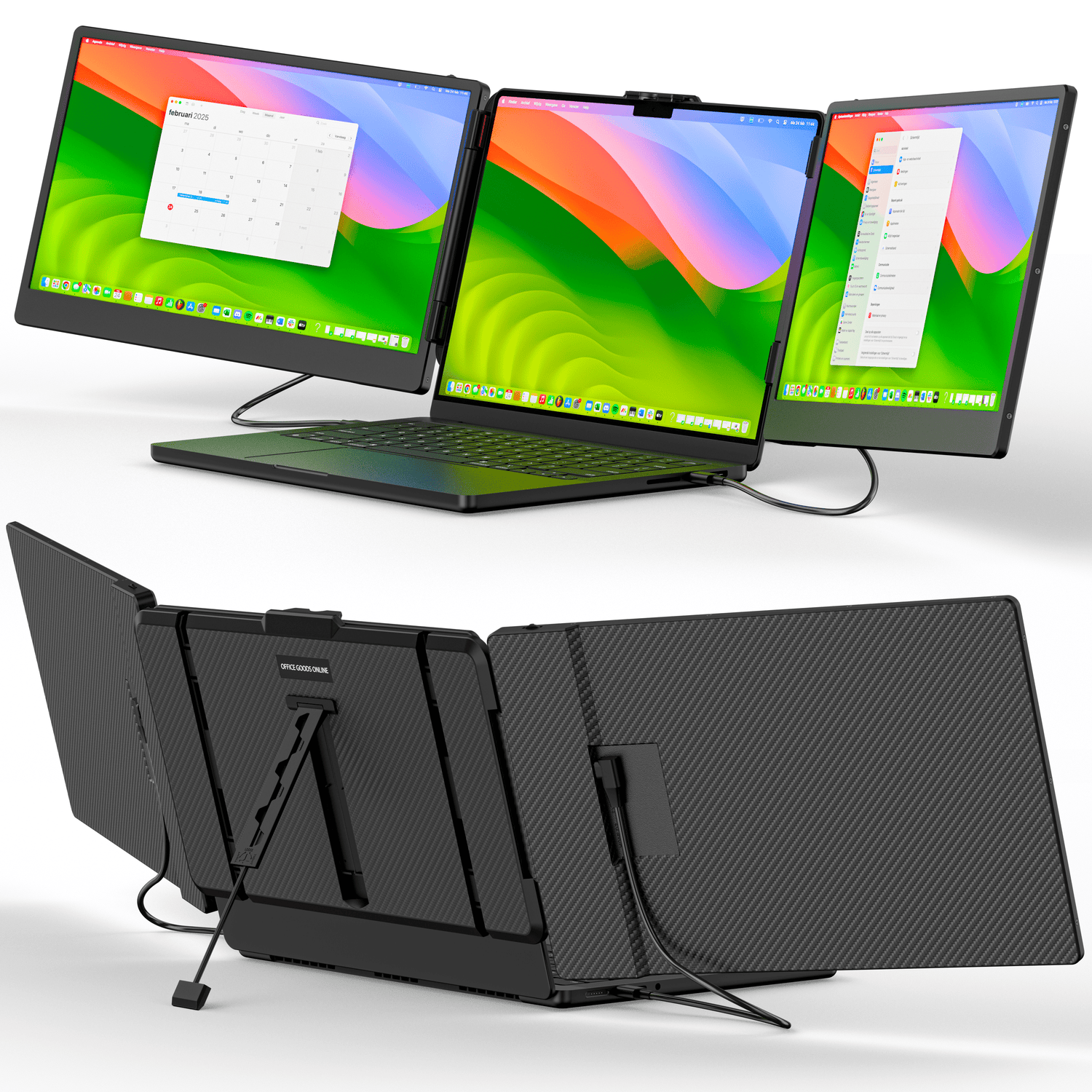 Portable monitor triple-screen laptop extender shown from the front and rear, including fold-out side displays, cables and built-in support stand.