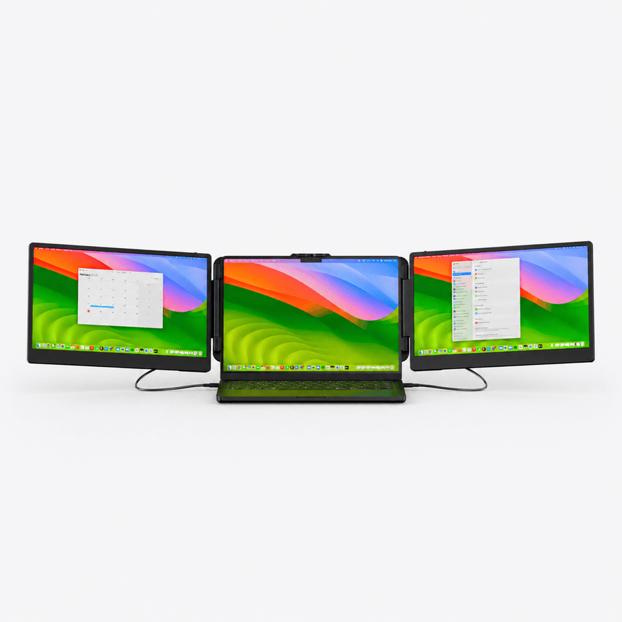 Portable monitor setup with two side screens extending from a laptop to create a wide three-screen workstation for multitasking.