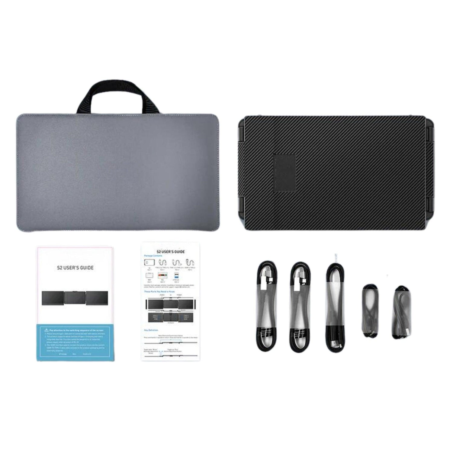 Portable monitor package contents with folded triple-screen extender, protective carrying case, user guides and several connection cables.