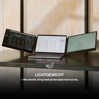 Laptop with two portable monitor screens on a desk, demonstrating a lightweight multi-screen setup designed for mobile work.