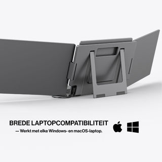 Rear view of a portable monitor with two fold-out screens, built-in stand and support for Windows and macOS laptops.