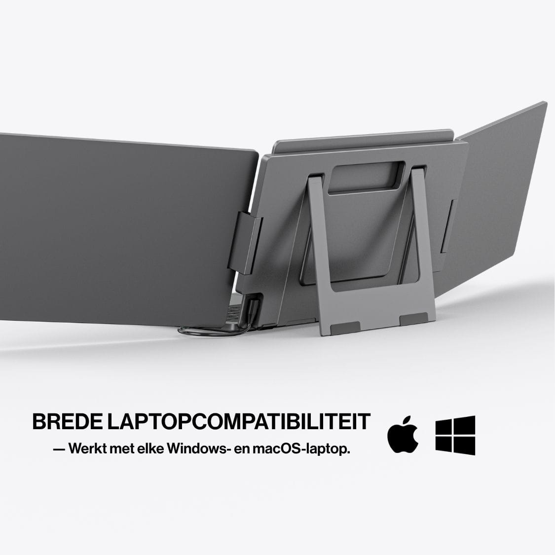 Rear view of a portable monitor with two fold-out screens, built-in stand and support for Windows and macOS laptops.