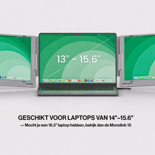 Portable monitor fitted to a laptop with two side screens, illustrating compatibility with laptops from 13 to 15.6 inches.