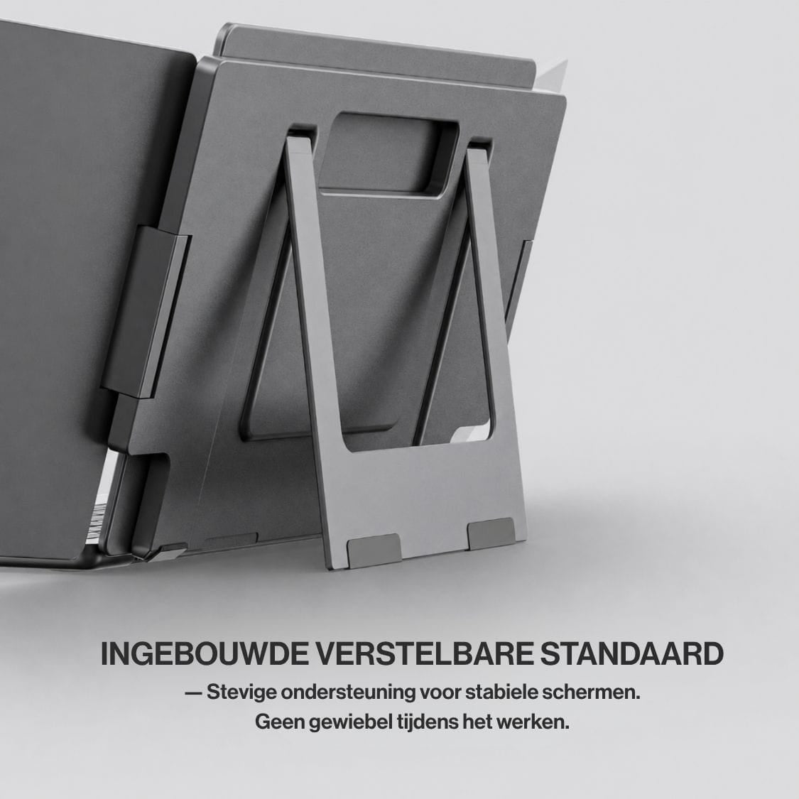 Close-up of the adjustable built-in stand on the back of a portable monitor, designed to keep the triple-screen setup stable.