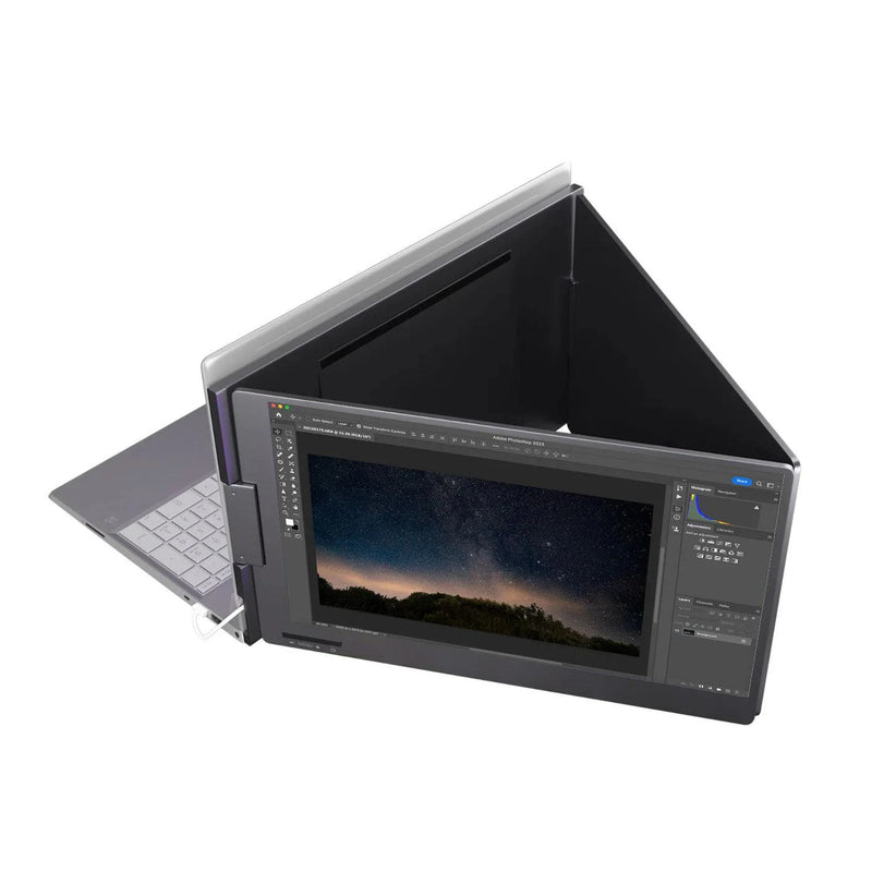 Triple screen portable monitor setup connected to a laptop, showing three extended displays and a fold-out rear stand for stable desk use