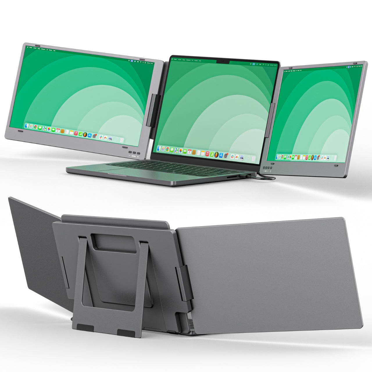 Front and back view of a 14.1-inch triple screen portable monitor mounted to a laptop, highlighting expanded workspace and adjustable support stand