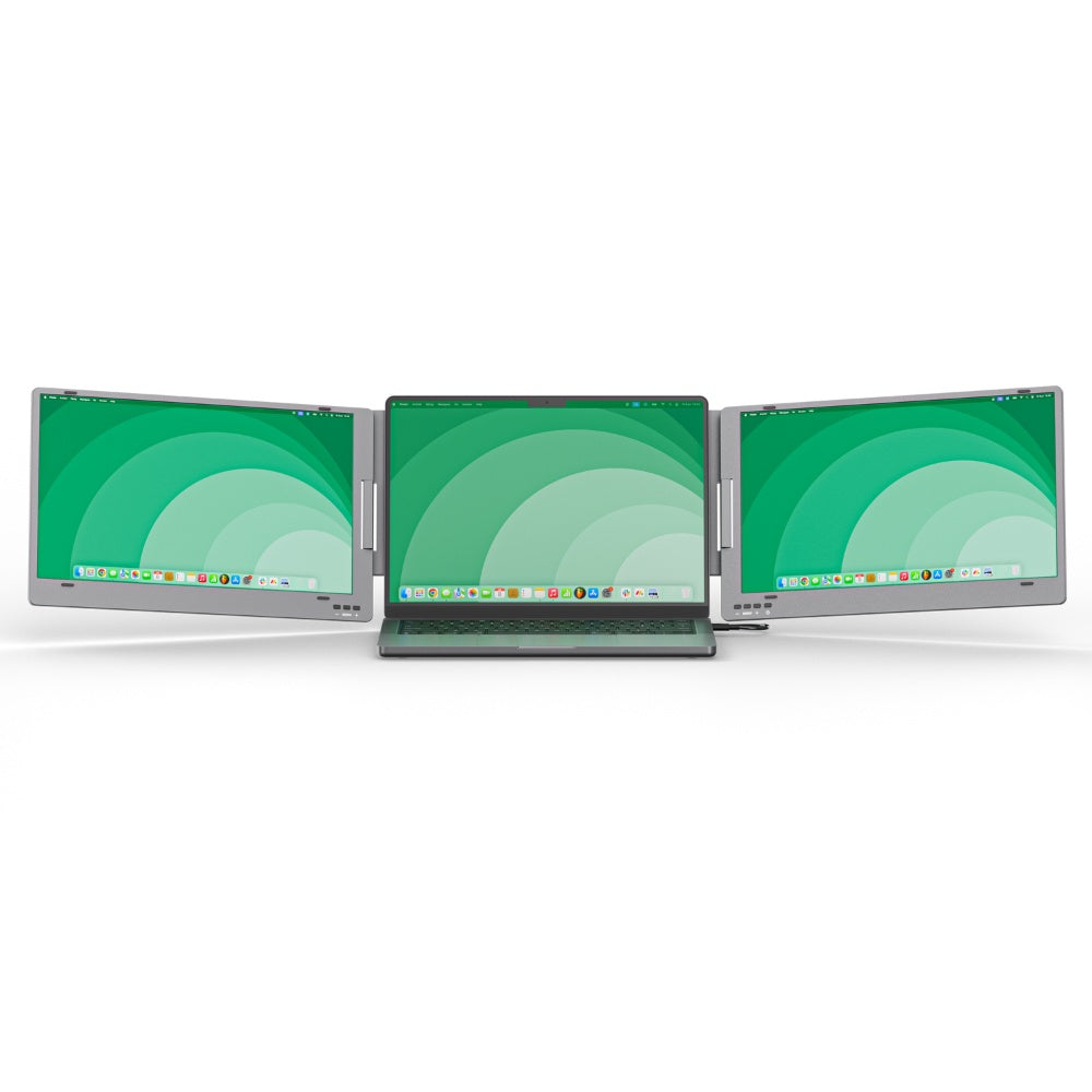 Front view of a laptop with a 14.1-inch triple screen portable monitor, extending the display across three Full HD screens for multitasking