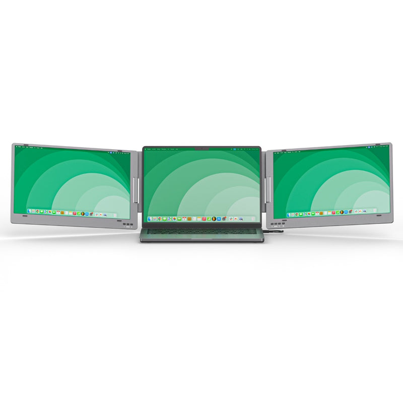 Front view of a laptop with a 14.1-inch triple screen portable monitor, extending the display across three Full HD screens for multitasking