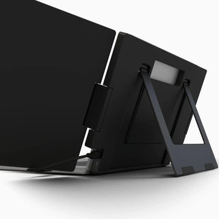 Rear view of a triple screen portable monitor system with foldable stand and hinge mechanism, connected to a laptop for stable multi-display support