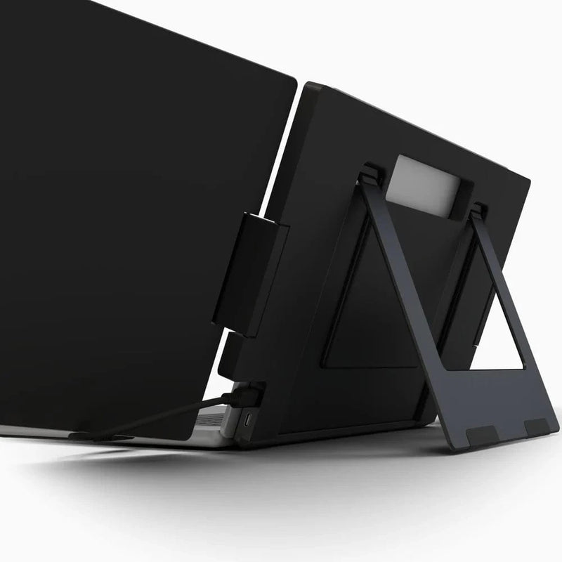 Rear view of a triple screen portable monitor system with foldable stand and hinge mechanism, connected to a laptop for stable multi-display support